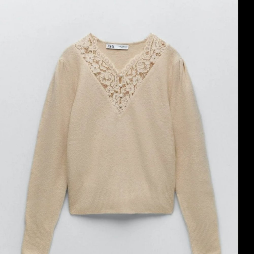 Zara Cream Lace knit Sweater with Buttons Size M